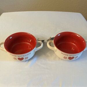 Set of Two 'Made with Love' Double Handle Stoneware Bowls. Oven safe to 375